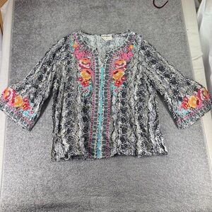 Savanna Jane 3/4 Long Sleeve Blouse Shirt Black Pink Floral Embroidered Plus 1X